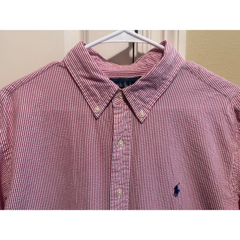 Ralph Lauren Red White Seersucker Button Down Short Sleeve Classic Fit Sz XL - Picture 2 of 10
